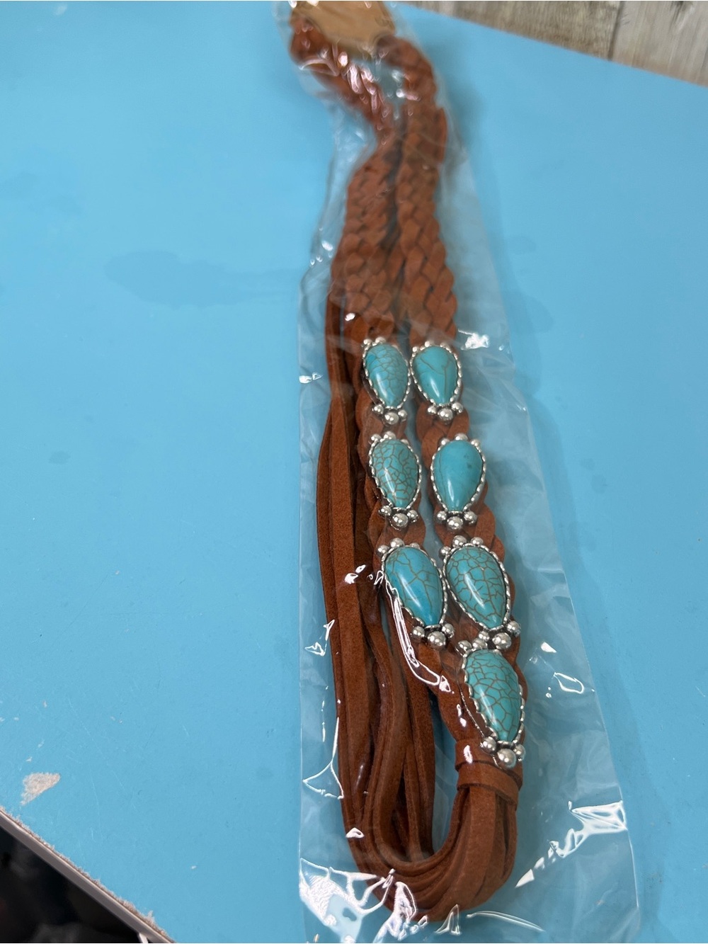 Rustic Couture Braided Tassle with Faux Turquoise Stones in a Silver Tone Concho